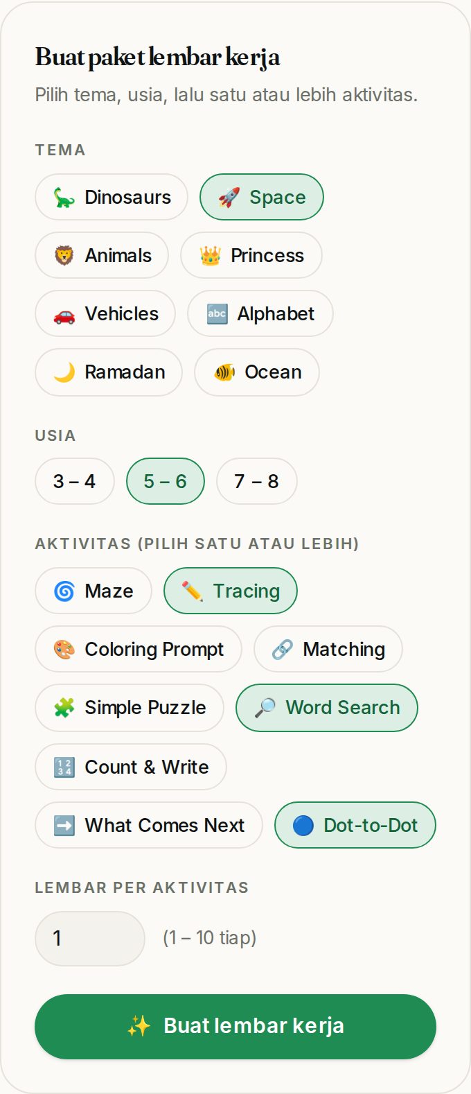 Panel pilihan: tema, usia, dan jenis aktivitas