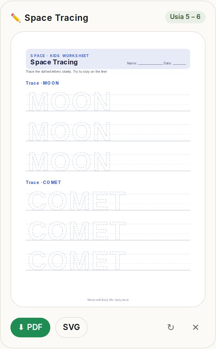 Contoh lembar menjiplak tema Luar Angkasa: kata MOON dan COMET