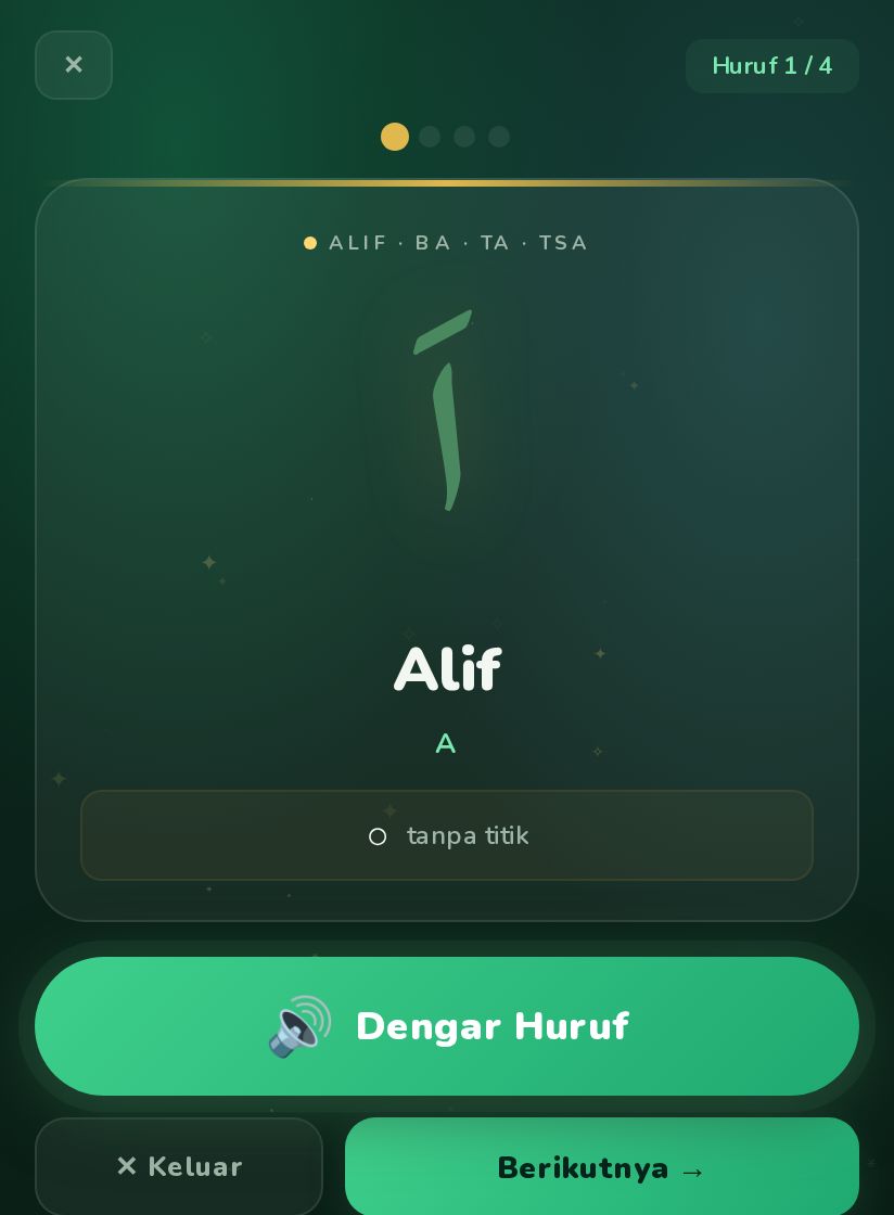 Kartu huruf Alif besar dengan tombol Dengar Huruf di game Baby Mo