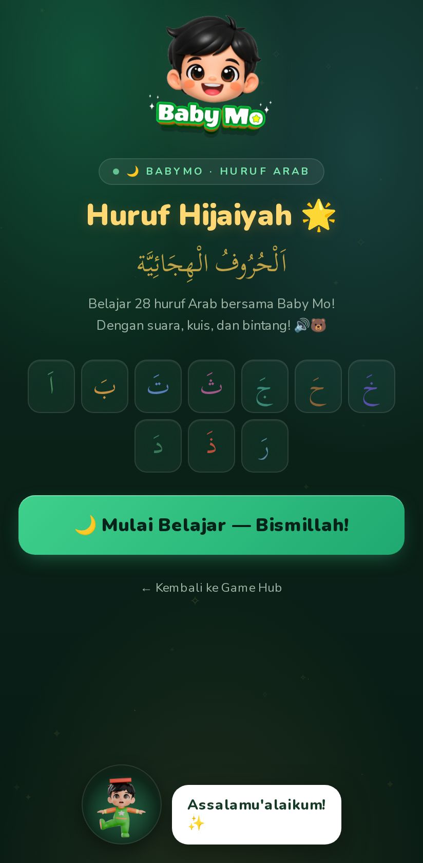 Layar pembuka game Huruf Hijaiyah Baby Mo dengan 28 huruf Arab