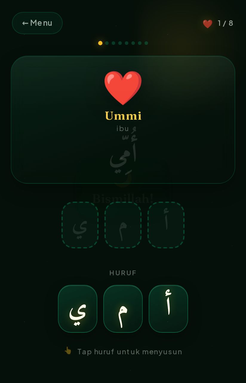 Menyusun huruf hijaiyah menjadi kata pada game Kata Islam